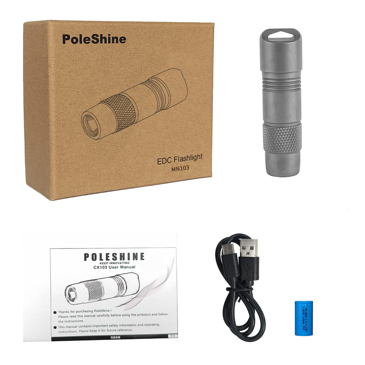 Linterna Mini PoleShine - 160 Lúmenes | 3 Modos | Estrobo | IPX6 Impermeable | Recargable | Aleación de Titanio | Base Magnética | MN103