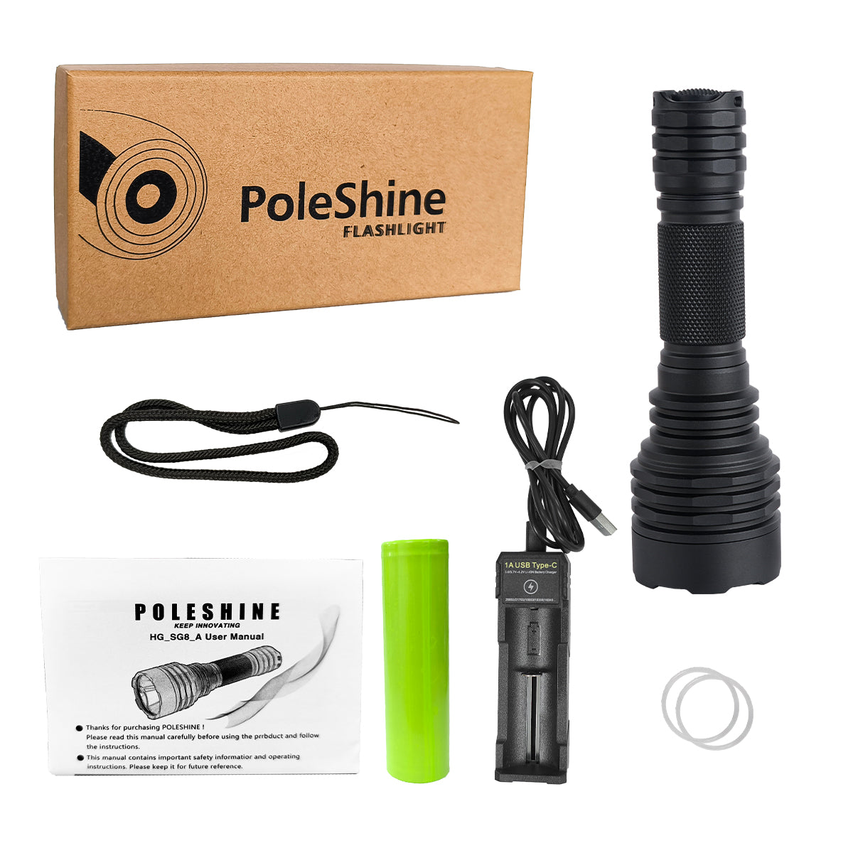 Lampe torche tactique PoleShine - 1050 lumens | Portée 1000m | 5 modes | Strobe + SOS | Rechargeable | Étanche | C8SG