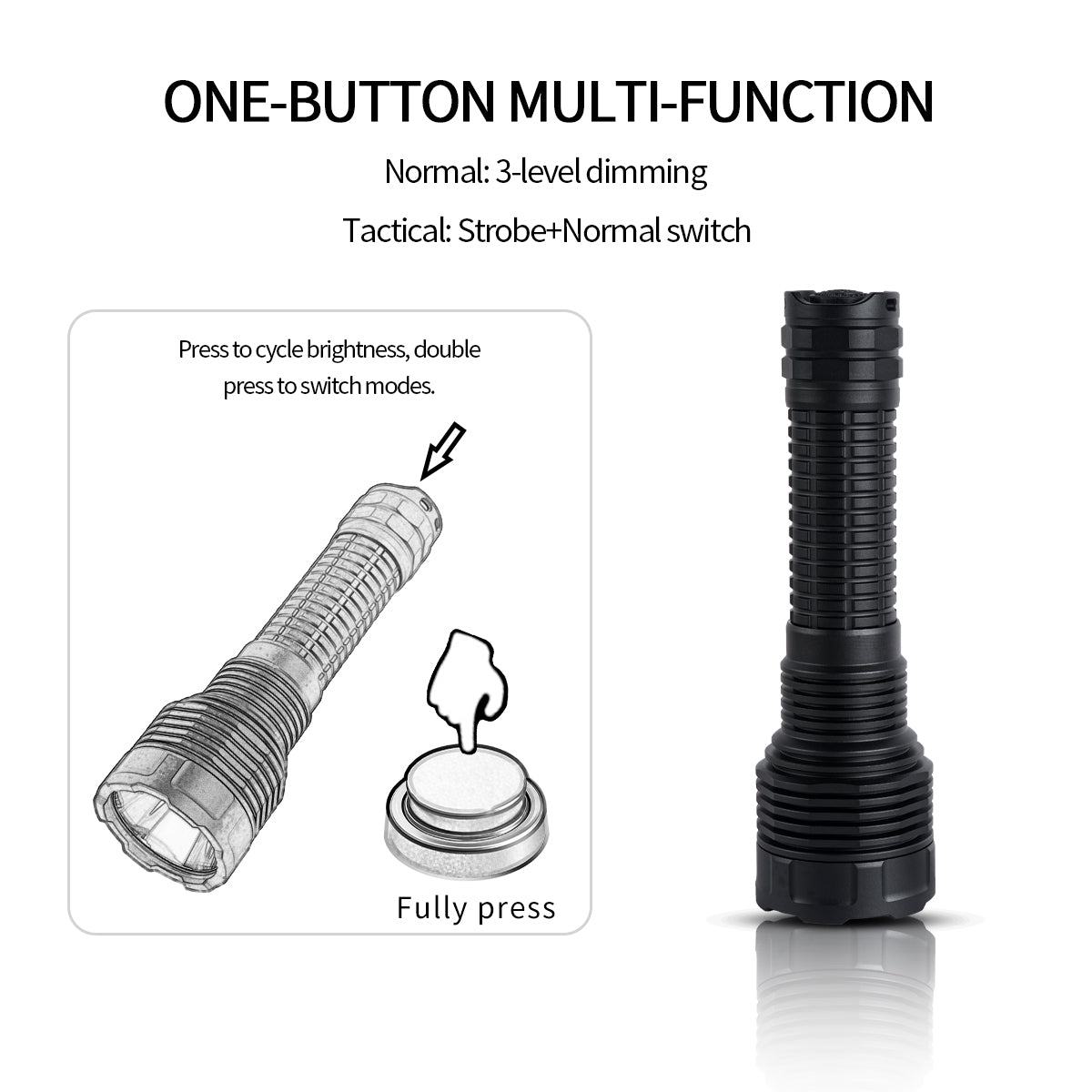 Lampe torche tactique PoleShine - 2100 lumens | Faisceau 600m | 4 modes | Stroboscope | Rechargeable | Batterie 4800 mAh | Étanche | C8S-M