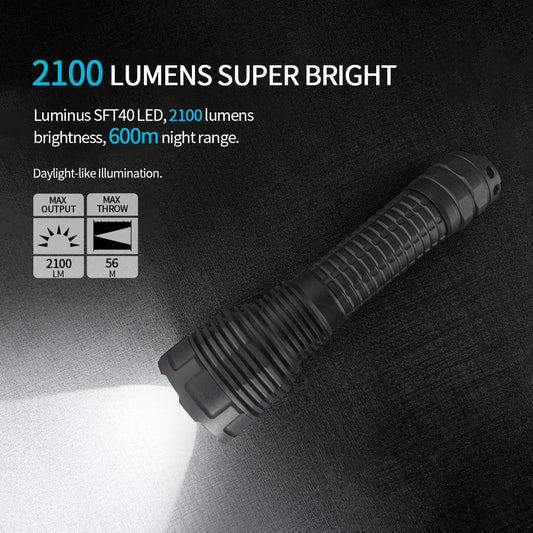 PoleShine Tactical Flashlight - 2100 Lumens | 600m Beam | 4 Modes | Strobe | Rechargeable | 4800 mAh Battery | Waterproof | C8S-M