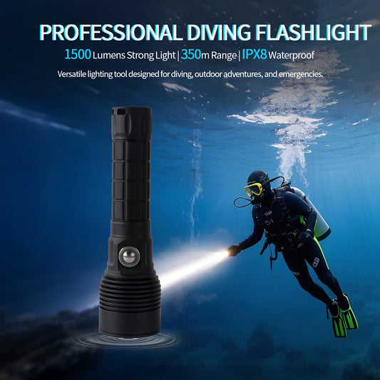 PoleShine Tactical Dive Flashlight - 1500 Lumens | 6 Modes | IPX8 waterproof | Rechargeable | 4800mAh Battery | Tactical Strobe + SOS |TS3