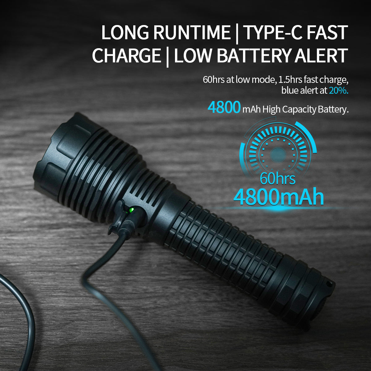 Lampe torche tactique PoleShine - 2100 lumens | Faisceau 600m | 4 modes | Stroboscope | Rechargeable | Batterie 4800 mAh | Étanche | C8S-M