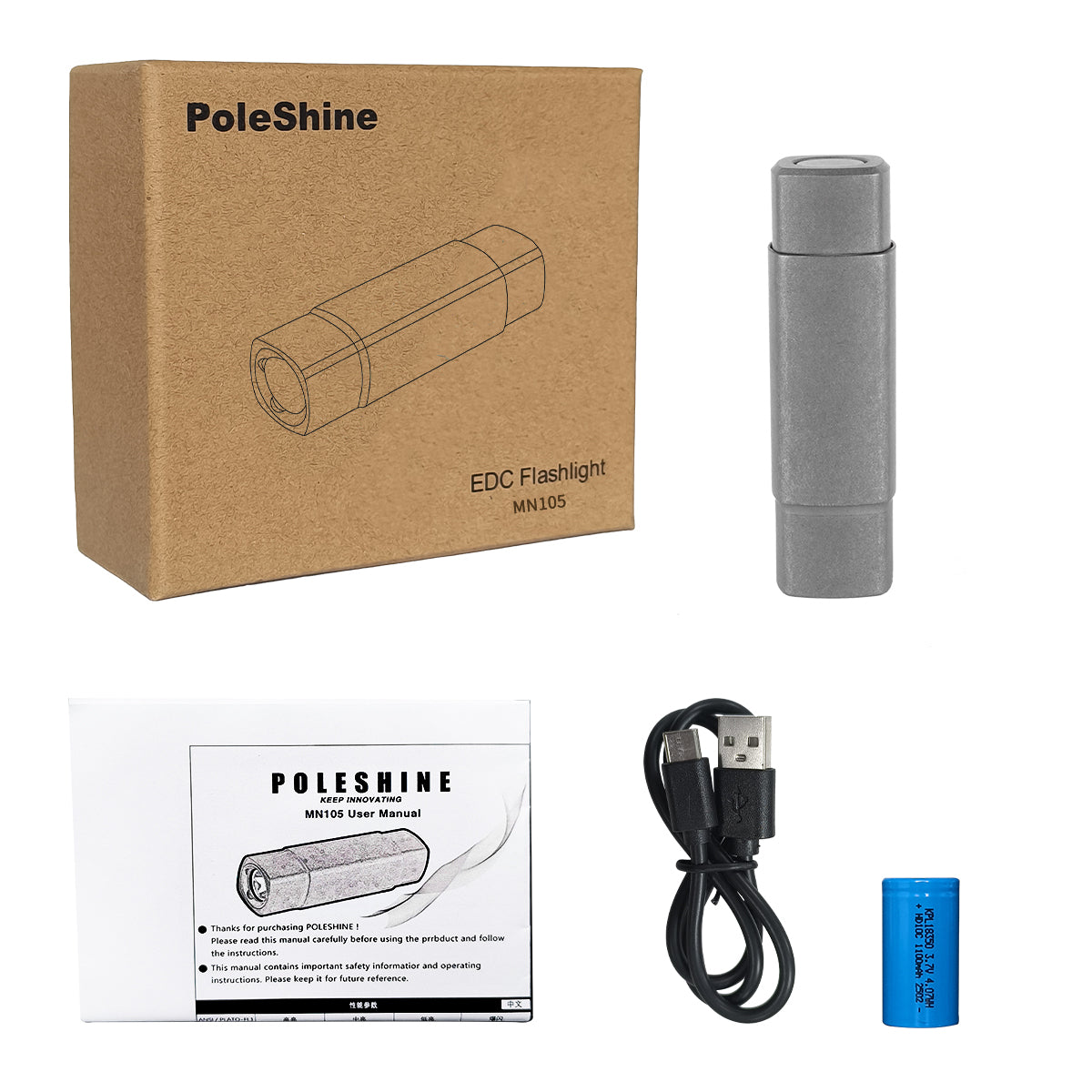 Lampe de poche de clé PoleShine - 165 lumens | 4 modes | Strobe tactique | Alliage de titane | Rechargeable | Étanchéité IPX6 | MN105