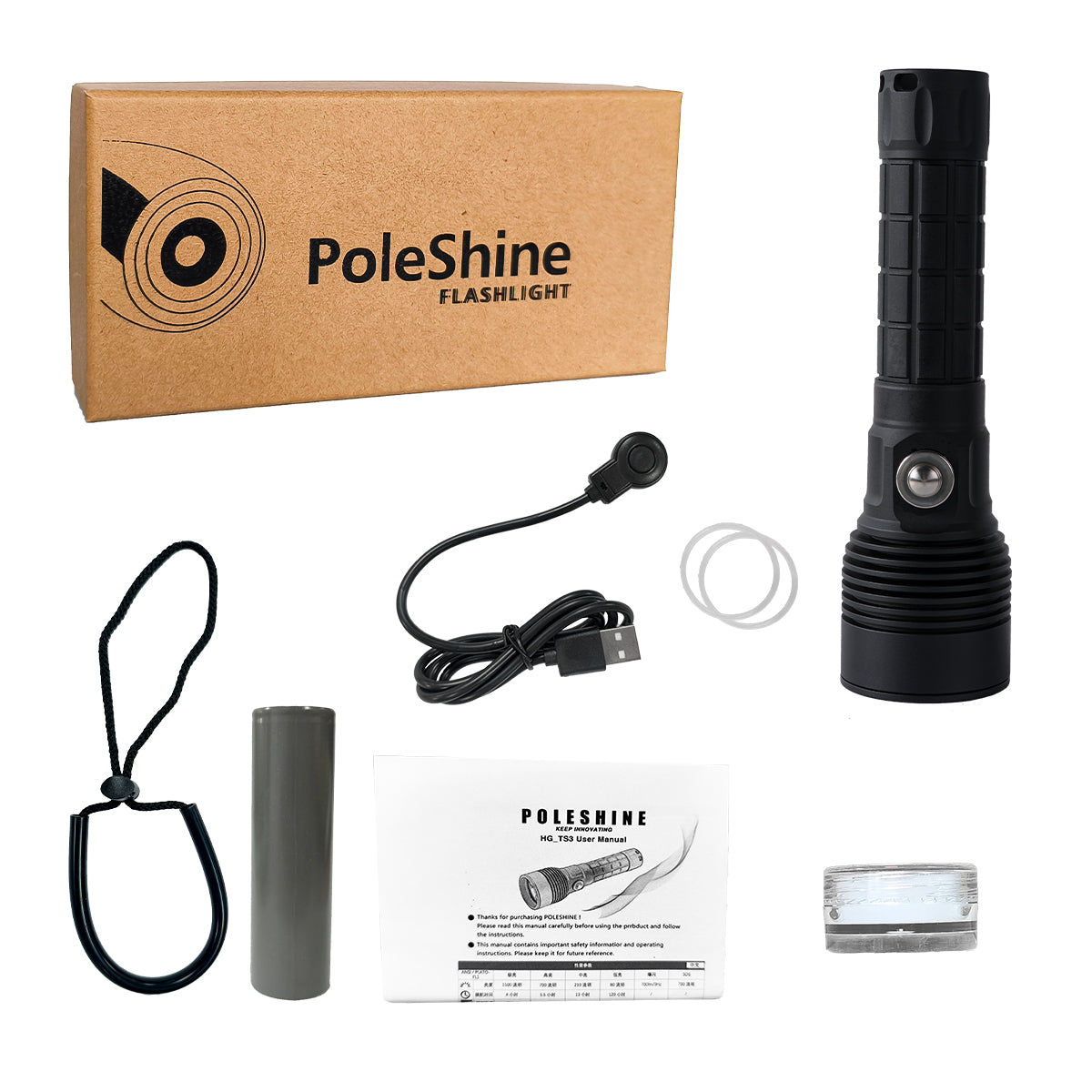 Lampe de plongée tactique PoleShine - 1500 lumens | 6 modes | étanche IPX8 | rechargeable | batterie 4800mAh | stroboscope tactique + SOS | TS3