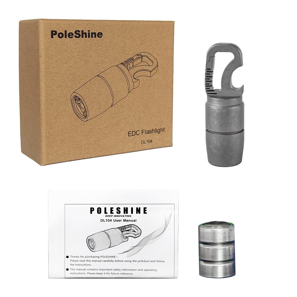 Lampe de poche EDC PoleShine - 60 lumens | Titane | Étanche | Ouvre-bouteille | Multi-outil | EDC pratique | DL104