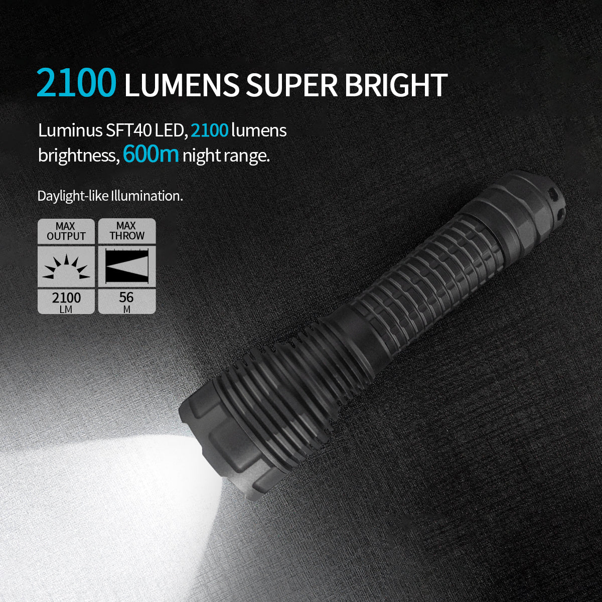 Lampe torche tactique PoleShine - 2100 lumens | Faisceau 600m | 4 modes | Stroboscope | Rechargeable | Batterie 4800 mAh | Étanche | C8S-M