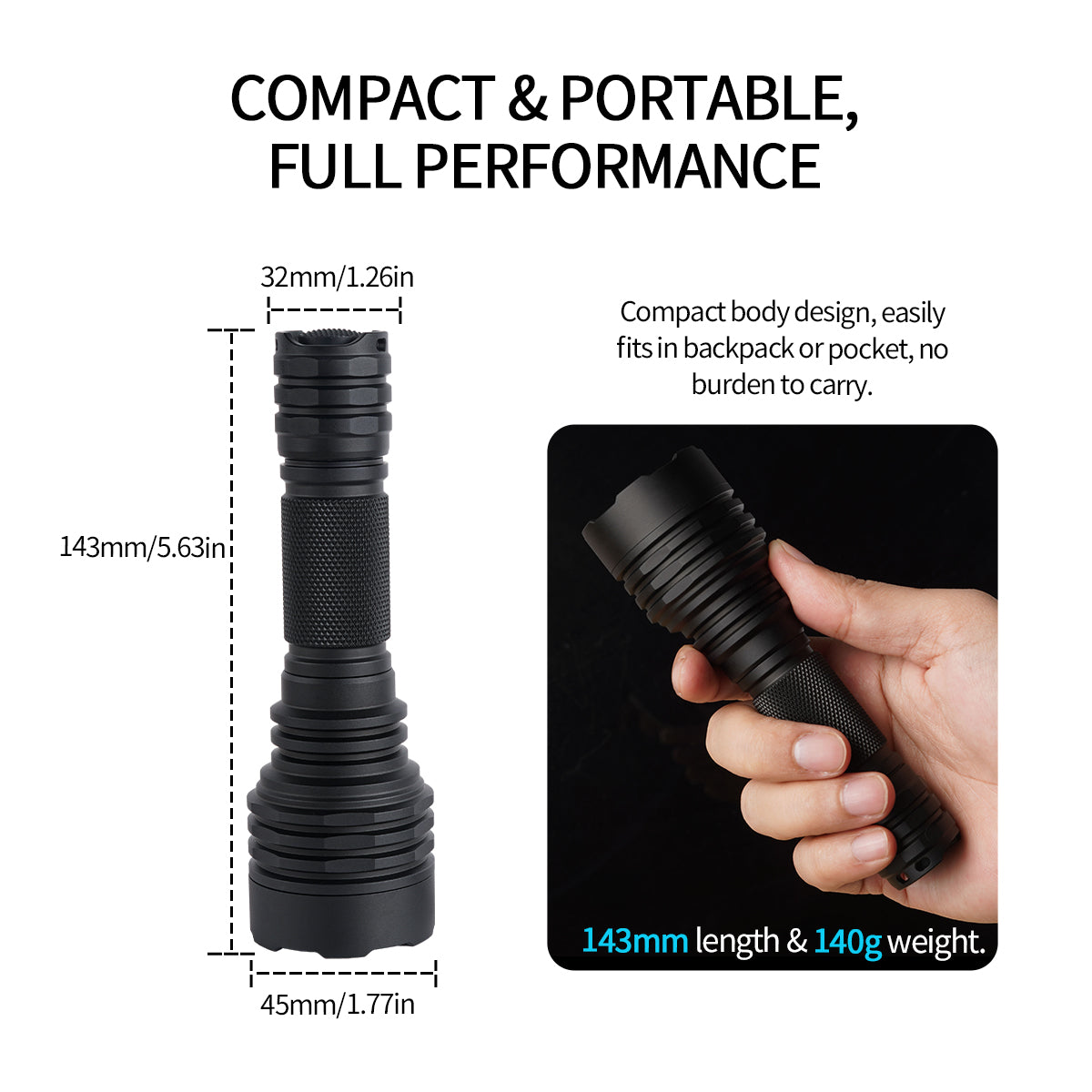 Lampe torche tactique PoleShine - 1050 lumens | Portée 1000m | 5 modes | Strobe + SOS | Rechargeable | Étanche | C8SG
