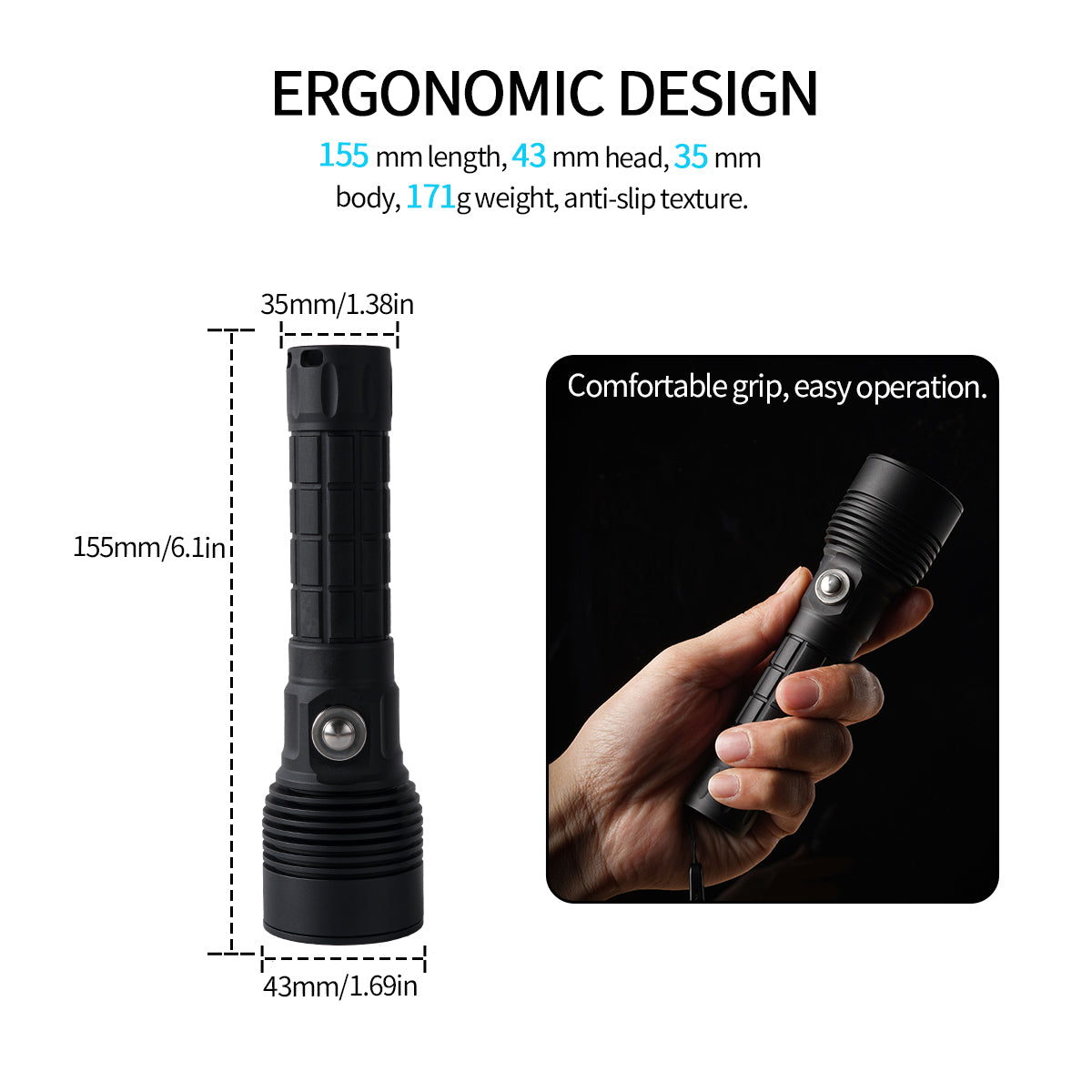 Lampe de plongée tactique PoleShine - 1500 lumens | 6 modes | étanche IPX8 | rechargeable | batterie 4800mAh | stroboscope tactique + SOS | TS3