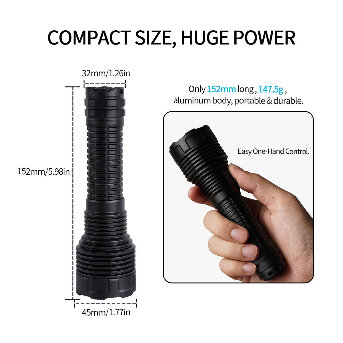 Lampe torche tactique PoleShine - 2100 lumens | Faisceau 600m | 4 modes | Stroboscope | Rechargeable | Batterie 4800 mAh | Étanche | C8S-M